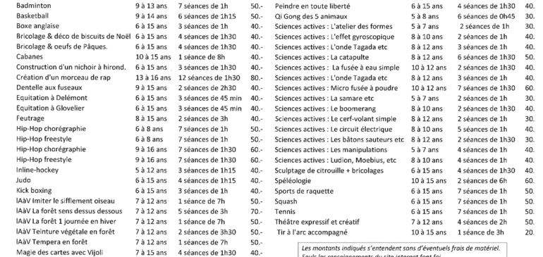 Cours extra-scolaires 2021 / 2022